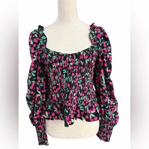 Topshop Black Pink Cherry Smocked Prairie Blouse